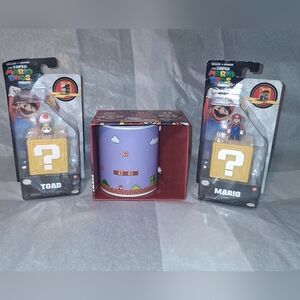 Mario Bros Mug, and Mini Mario and Toad With Mystery Box, Brand New
